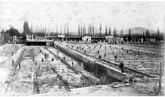 Así lucía hacia 1879 la Quinta Normal, con sus alumnos trabajando en el predio donde actualmente se encuentra La Enoteca.